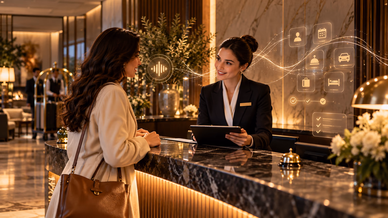Recepcionista atendiendo en persona a una huésped mientras un sistema resuelve consultas en paralelo